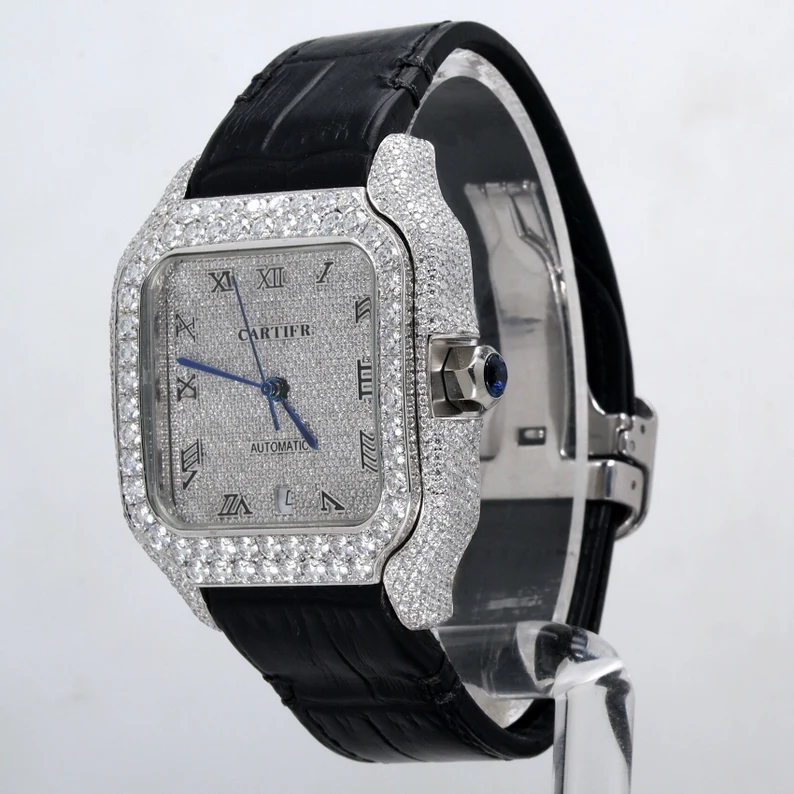 Moissanite Diamond Men's Party Wear Watch Black Color Leather Band Fancy Square Dial Cartier Watch