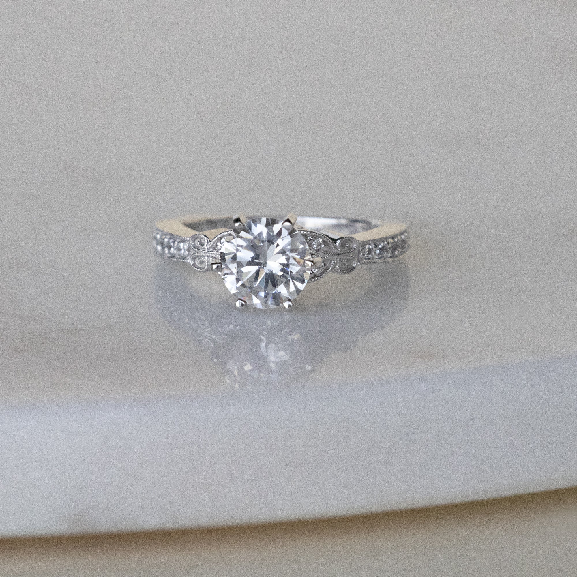 Brilliant Round Cut Art Deco Moissanite Engagement Ring