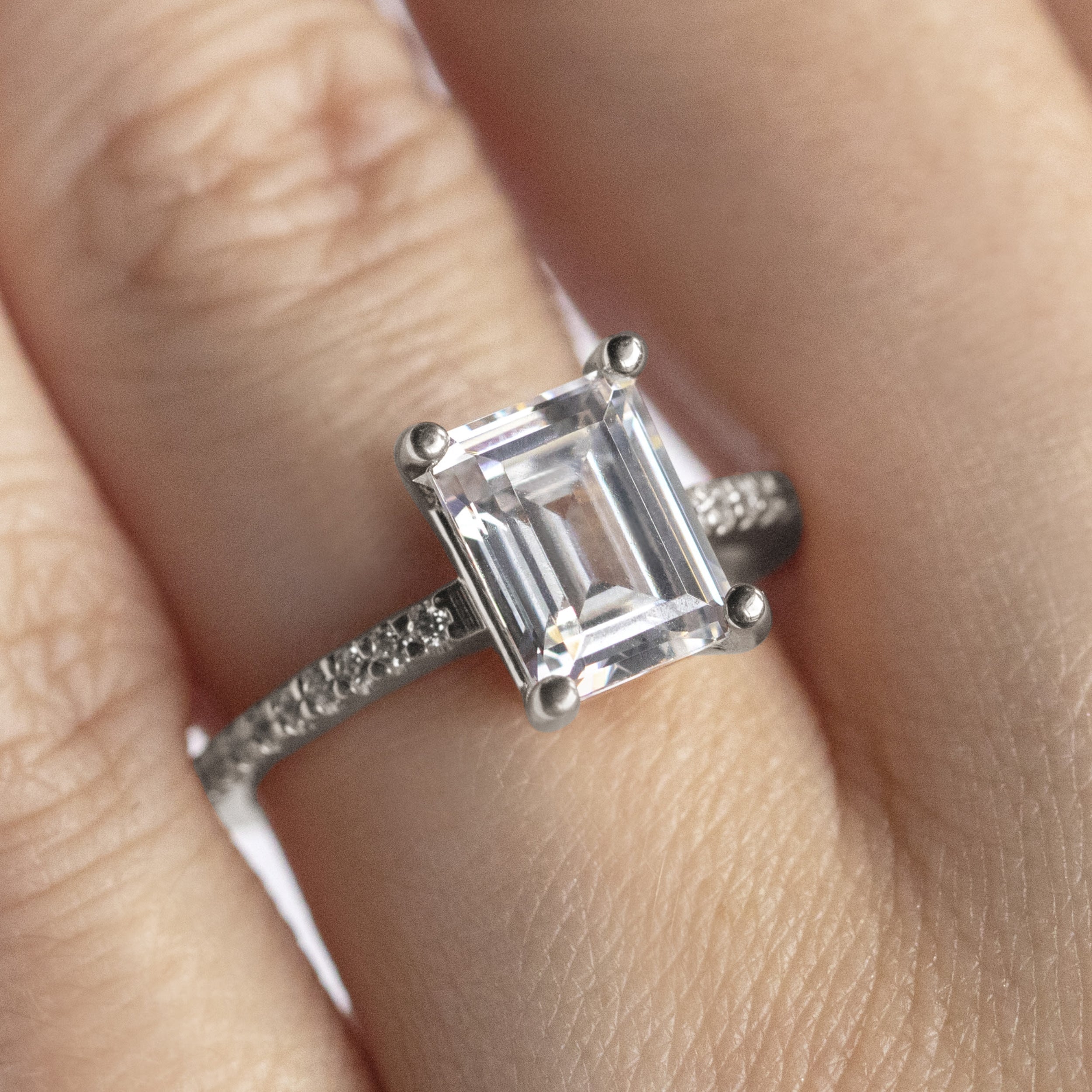Emerald Cut Pave Set Moissanite Engagement Ring