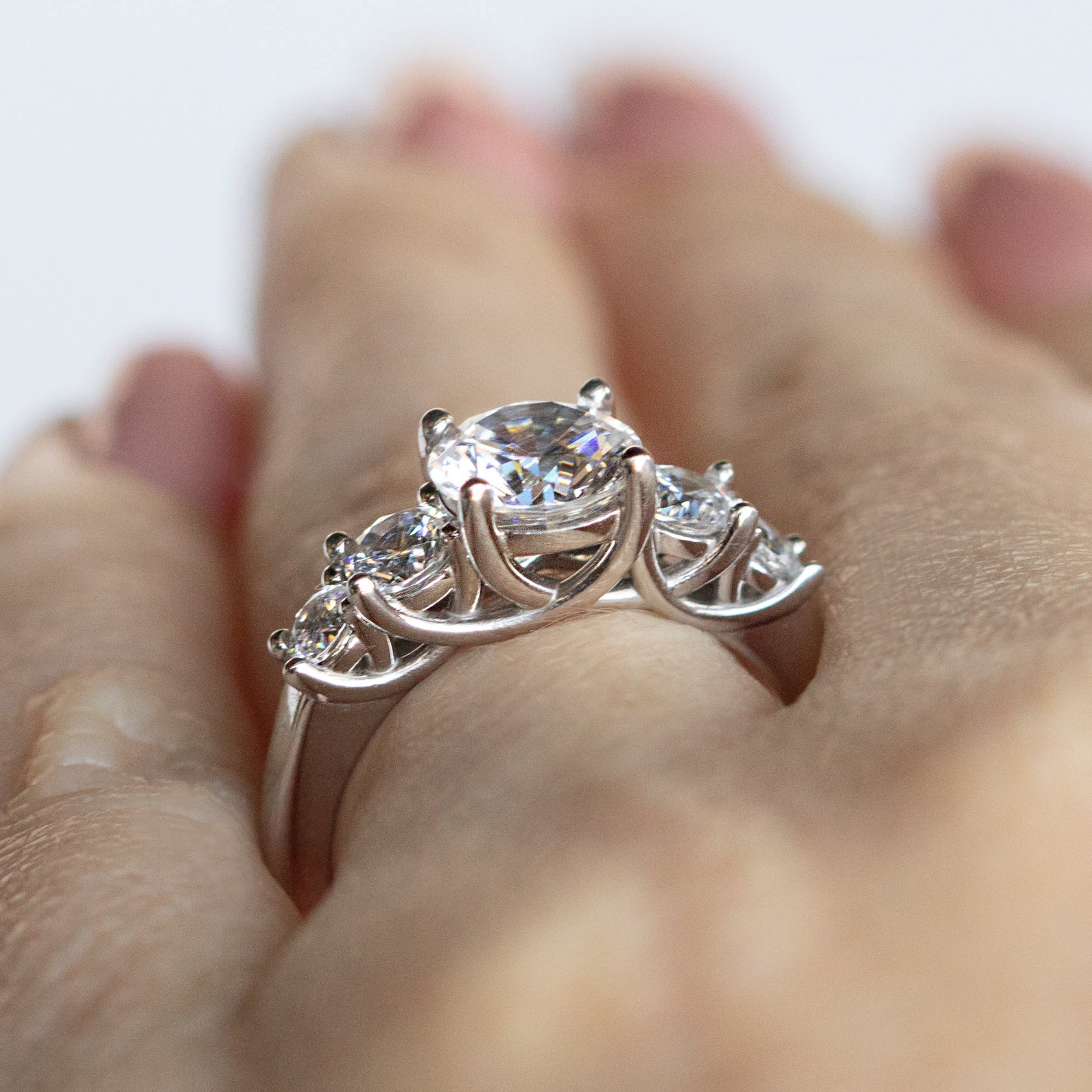 Trellis Set Round Cut Five Stone Engagement Ring