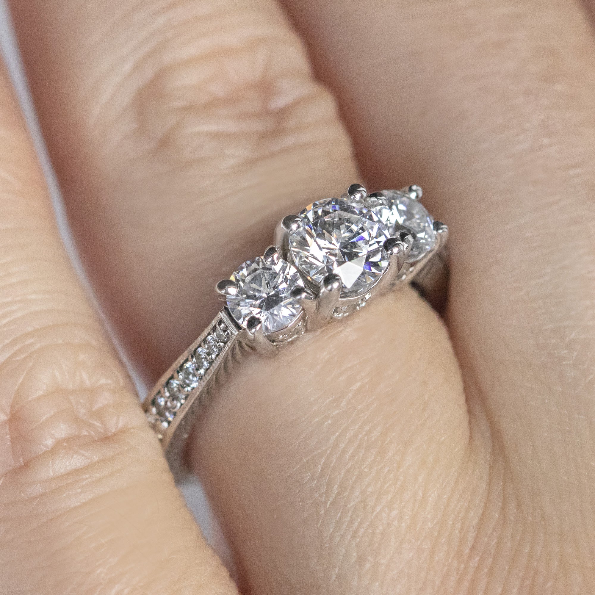 Cushion Cut Three Stone Lab Grown Diamond  Engagement Ring