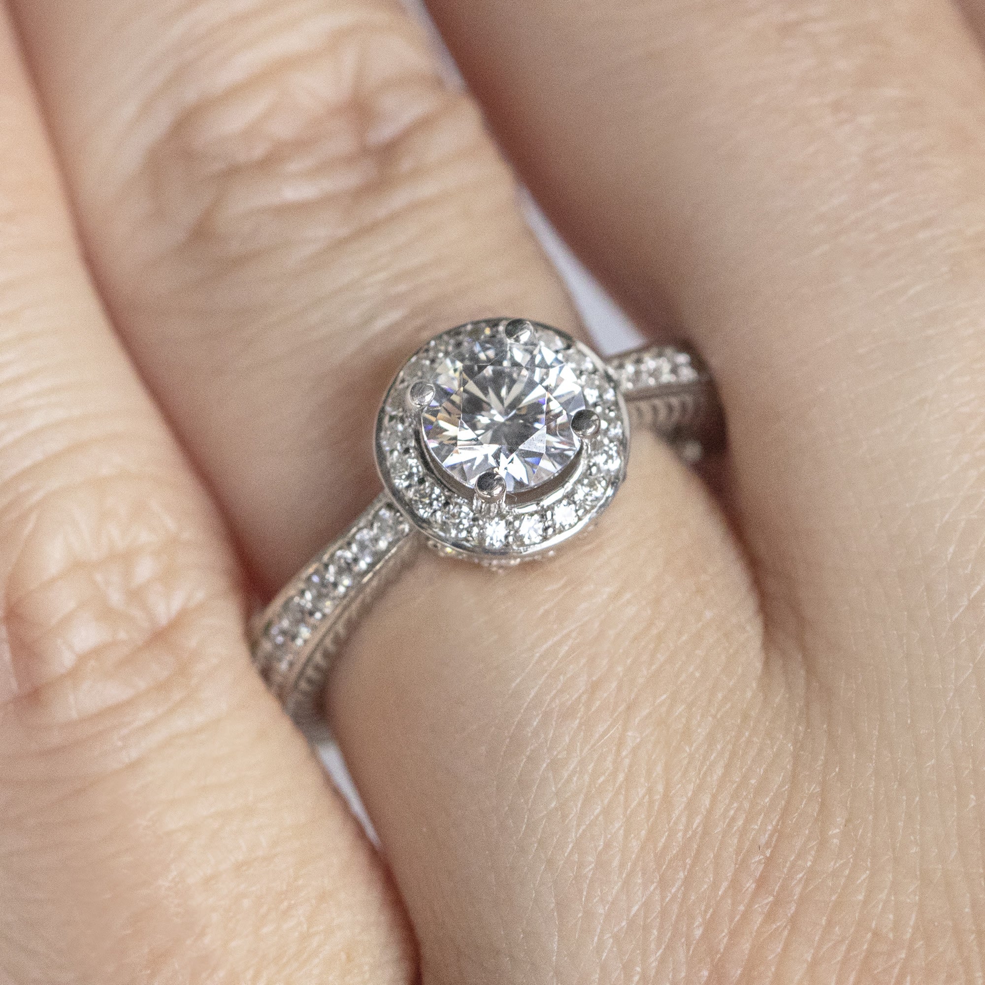 Moissanite Round Cut Hidden Accent Stone Halo Ring