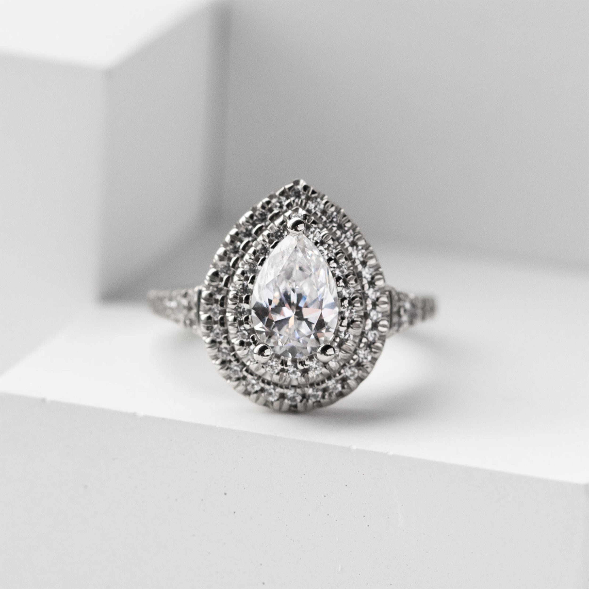 Pear Cut Double Halo Moissanite Engagement Ring