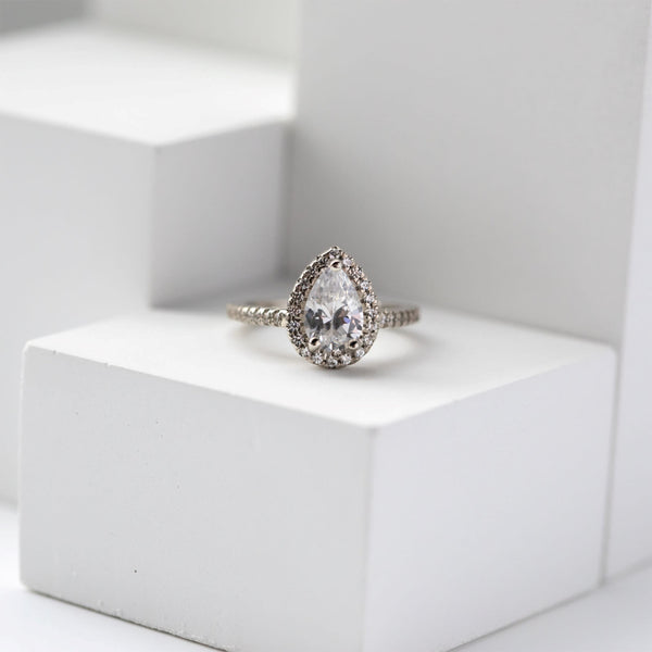 Pear Cut Halo Moissanite Engagement Rings