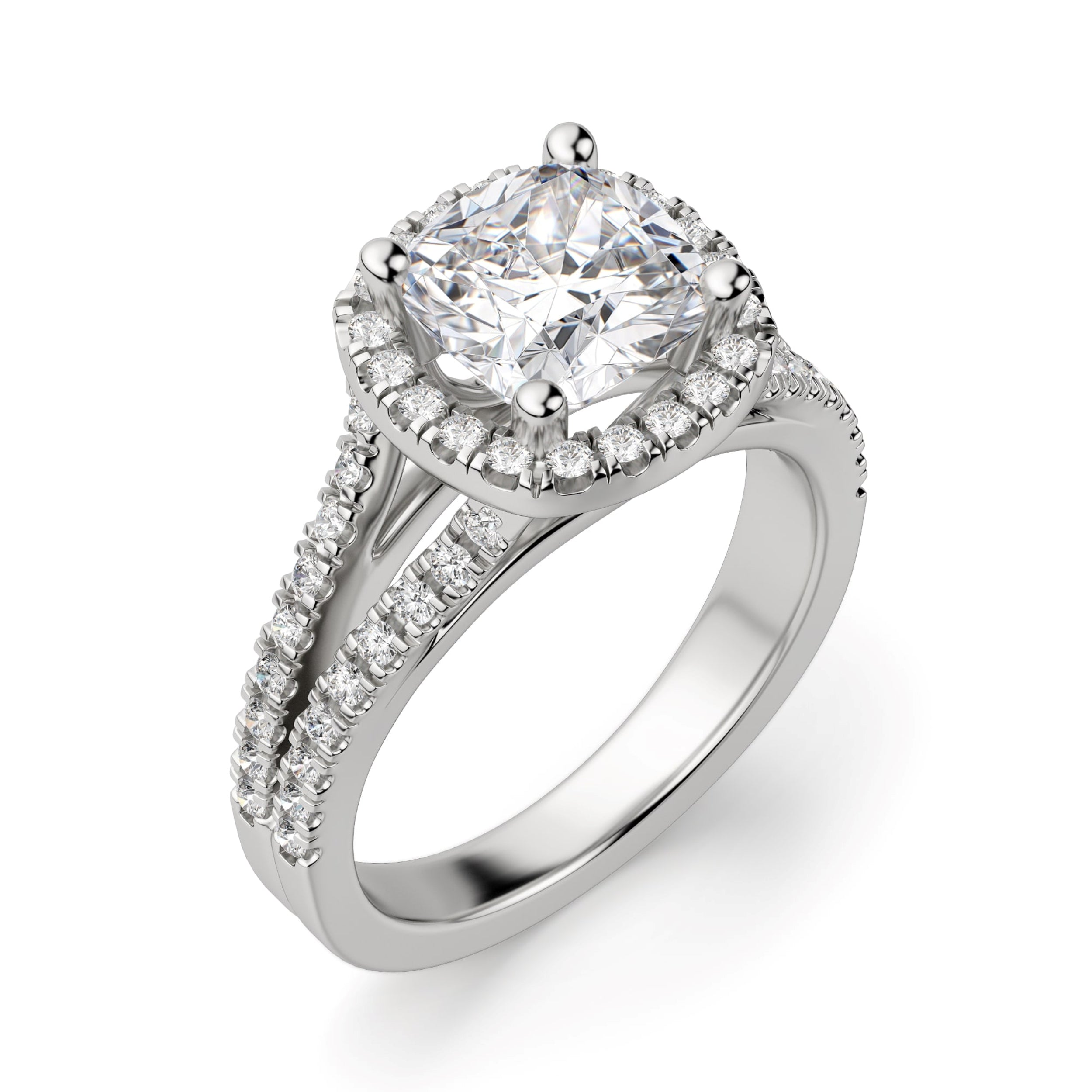 Moissanite Cushion Cut Split Shank Engagement Ring