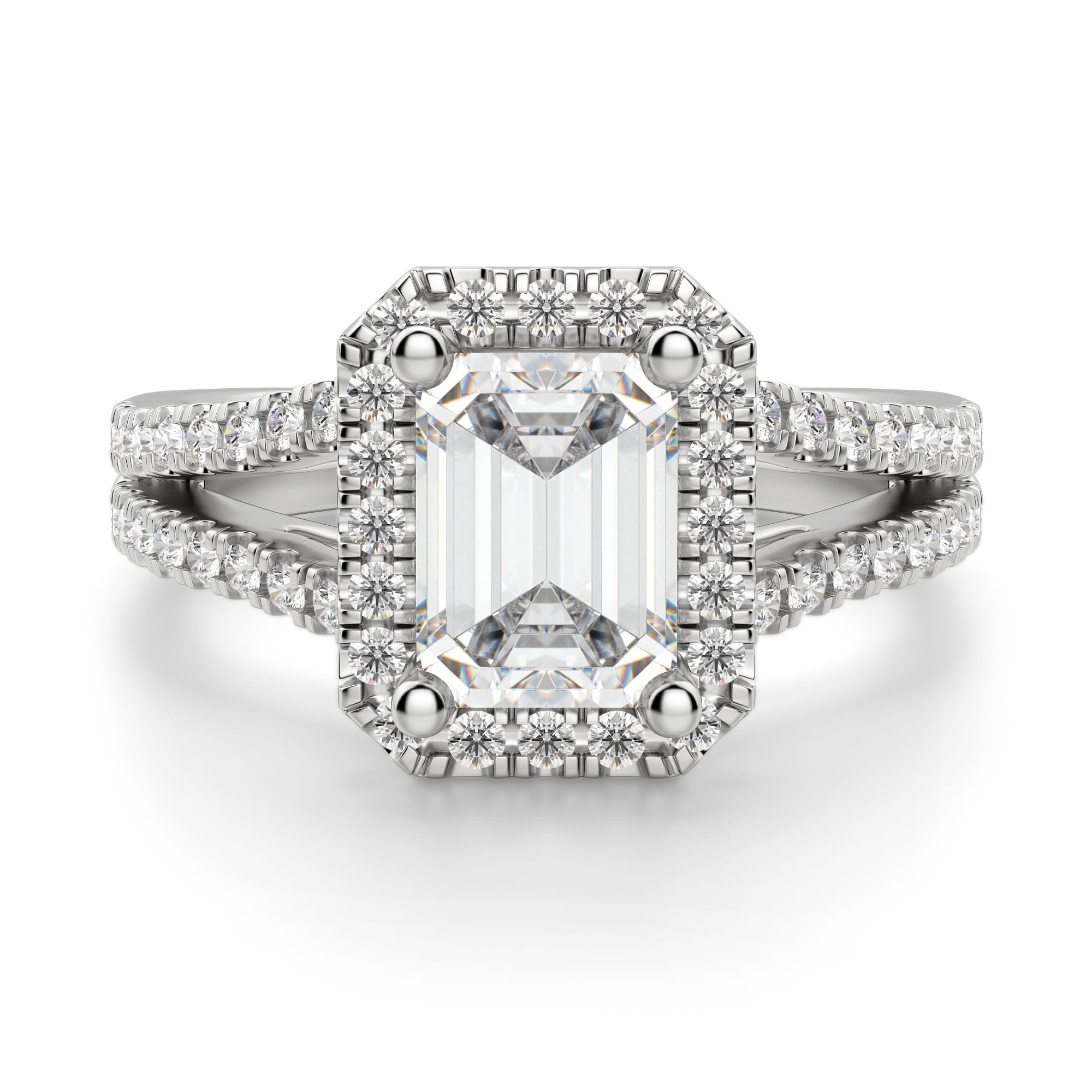 Emerald Cut Split Shank Halo Moissanite Engagement Ring