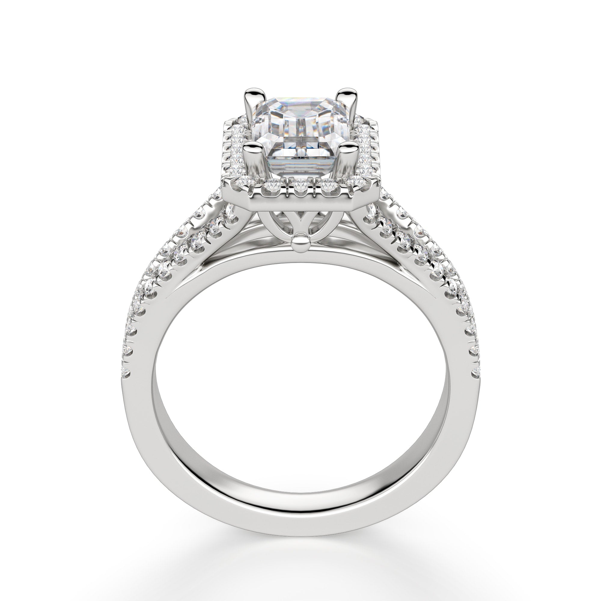 Emerald Cut Split Shank Halo Moissanite Engagement Ring