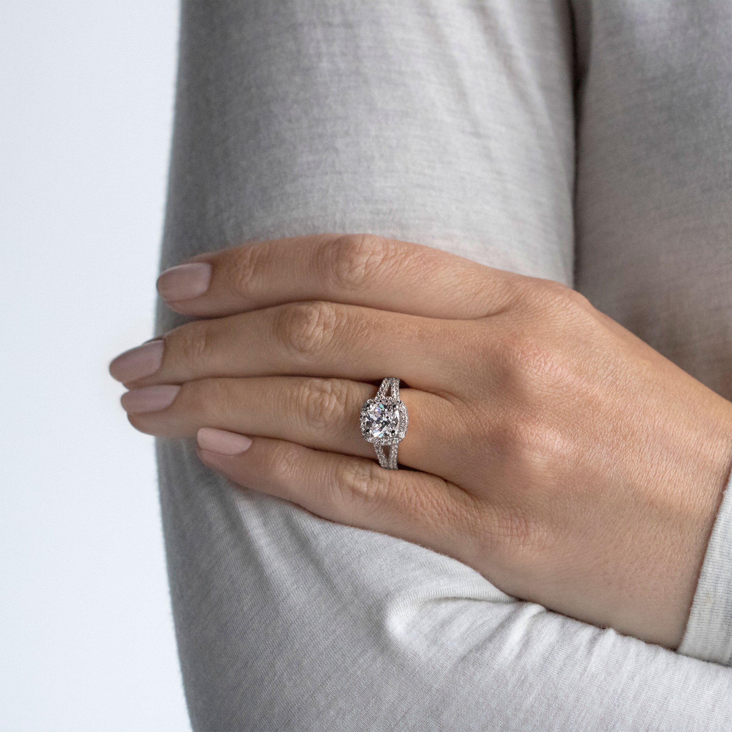 Moissanite Cushion Cut Split Shank Engagement Ring