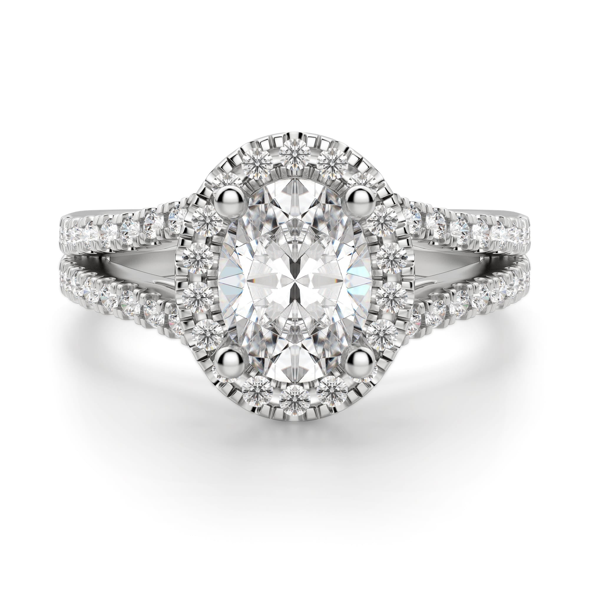 Oval Cut Split Shank Halo Moissanite Engagement Ring