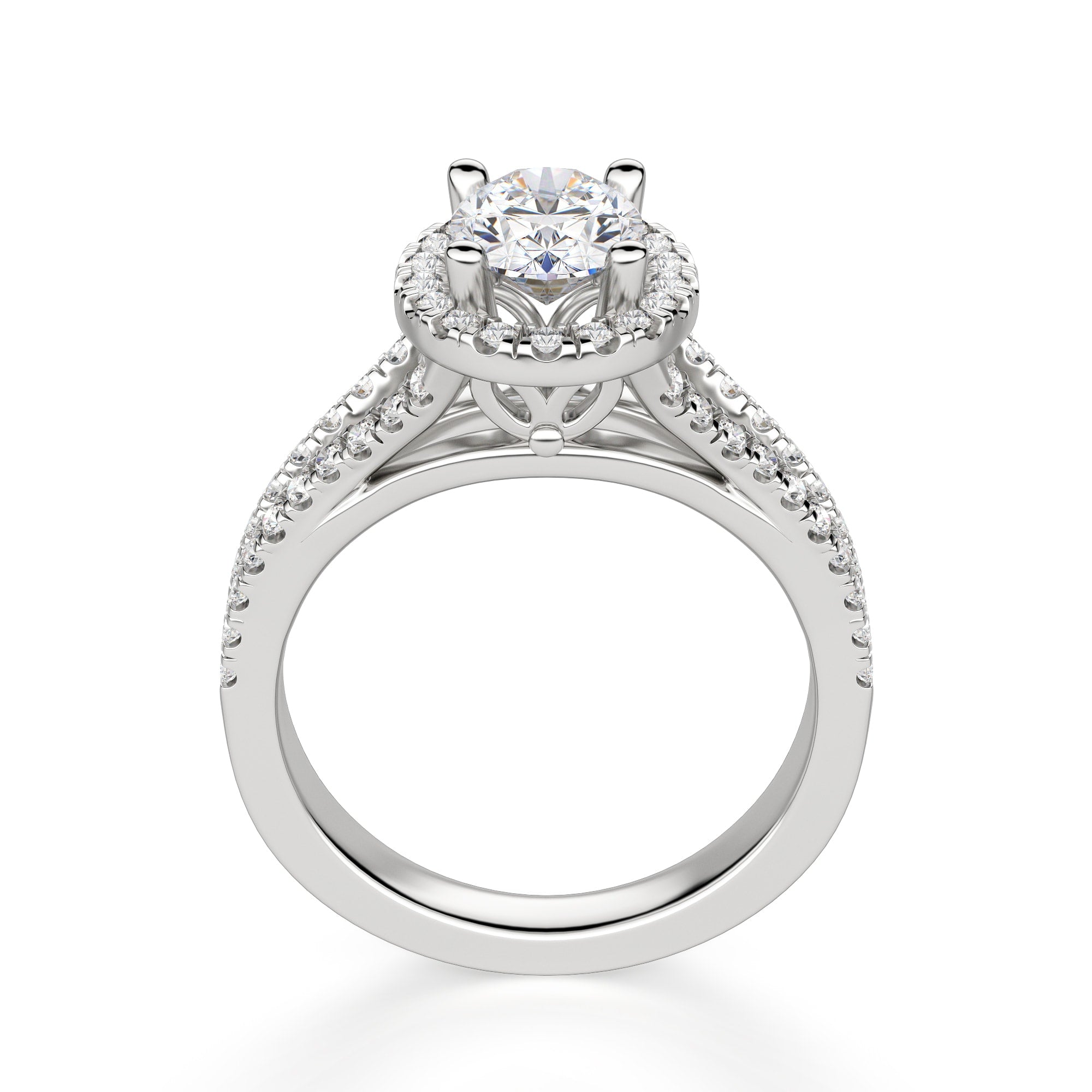 Oval Cut Split Shank Halo Moissanite Engagement Ring