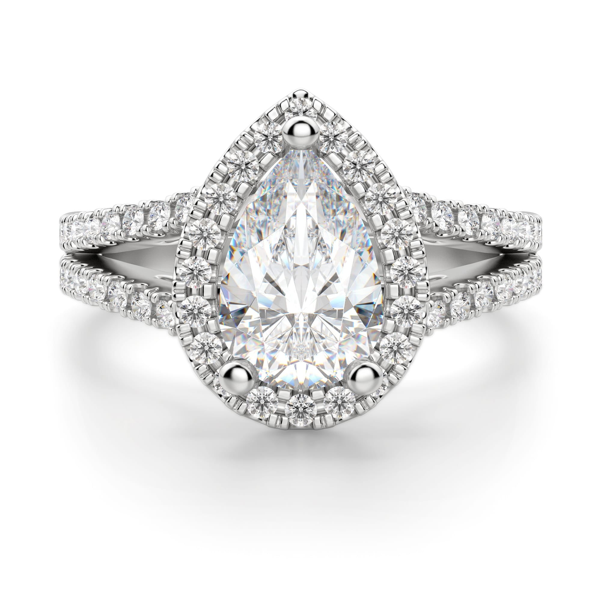 Split Shank Pear Cut Halo Moissanite Engagement Ring