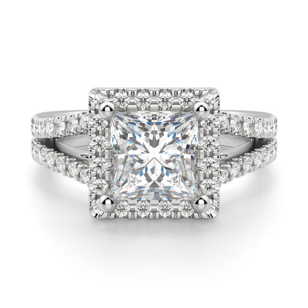 Princess Cut Split Shank Halo Moissanite Engagement Ring