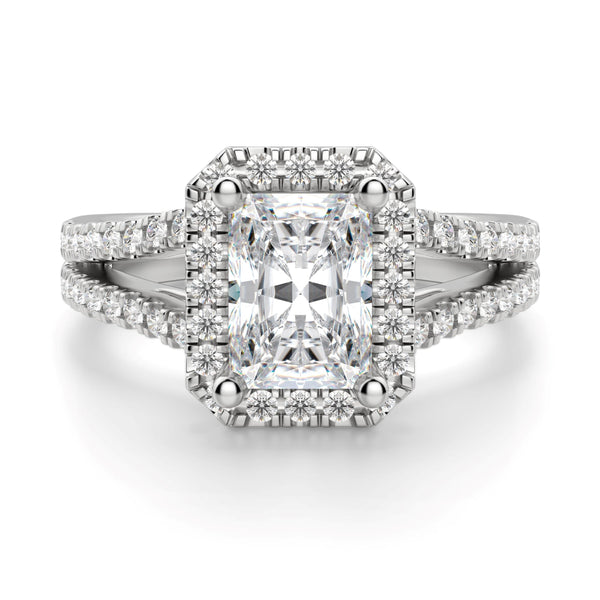 Radiant Cut Split Shank Halo Engagement Ring