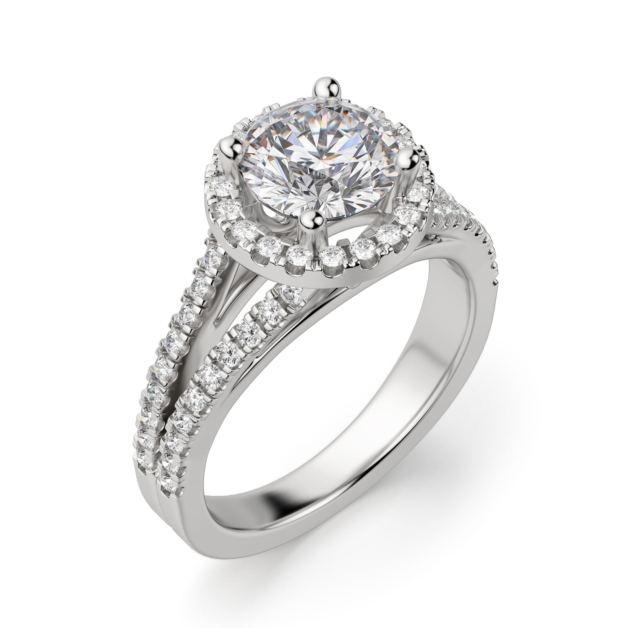 Brilliant Round Cut Split Shank Halo Engagement Ring