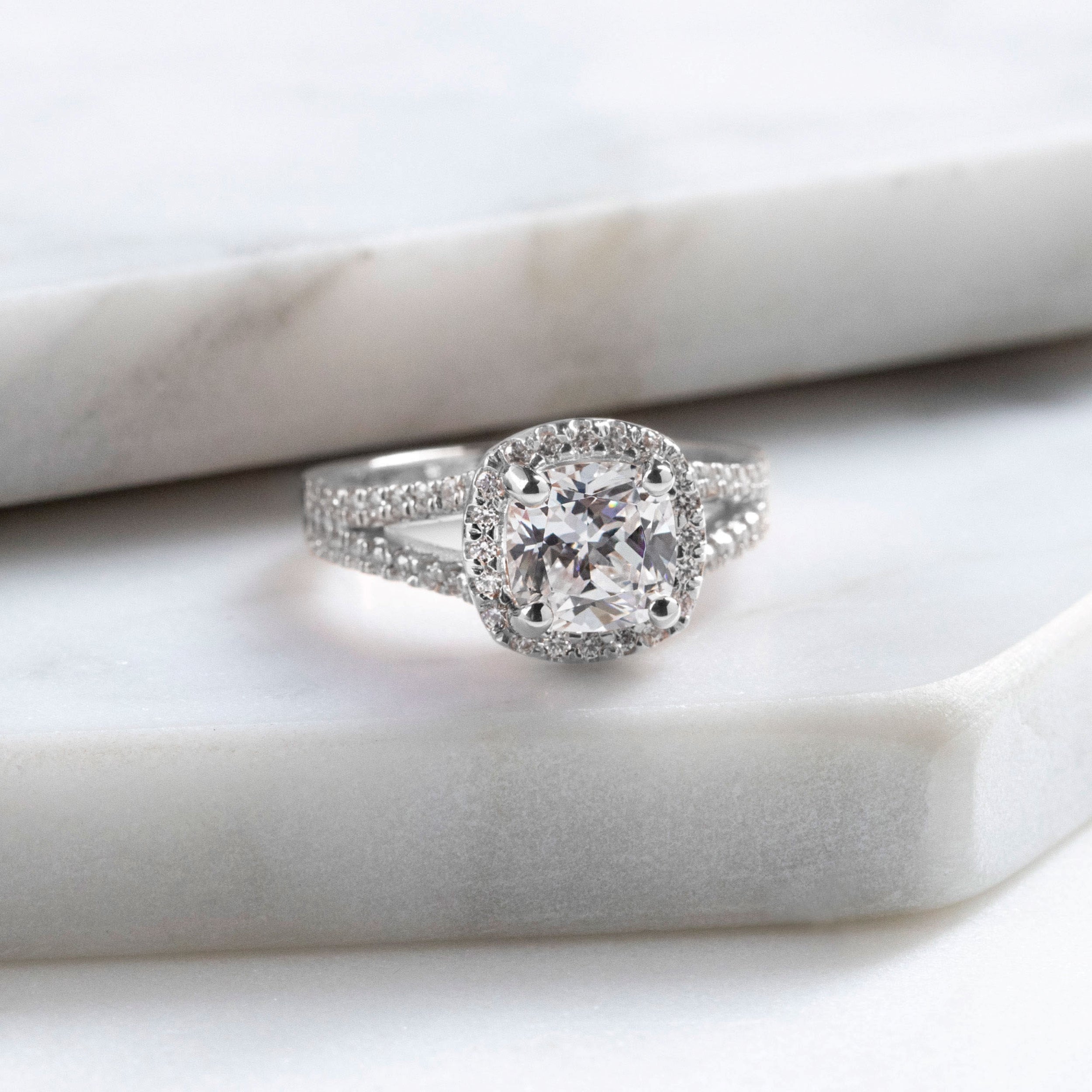 Moissanite Cushion Cut Split Shank Engagement Ring