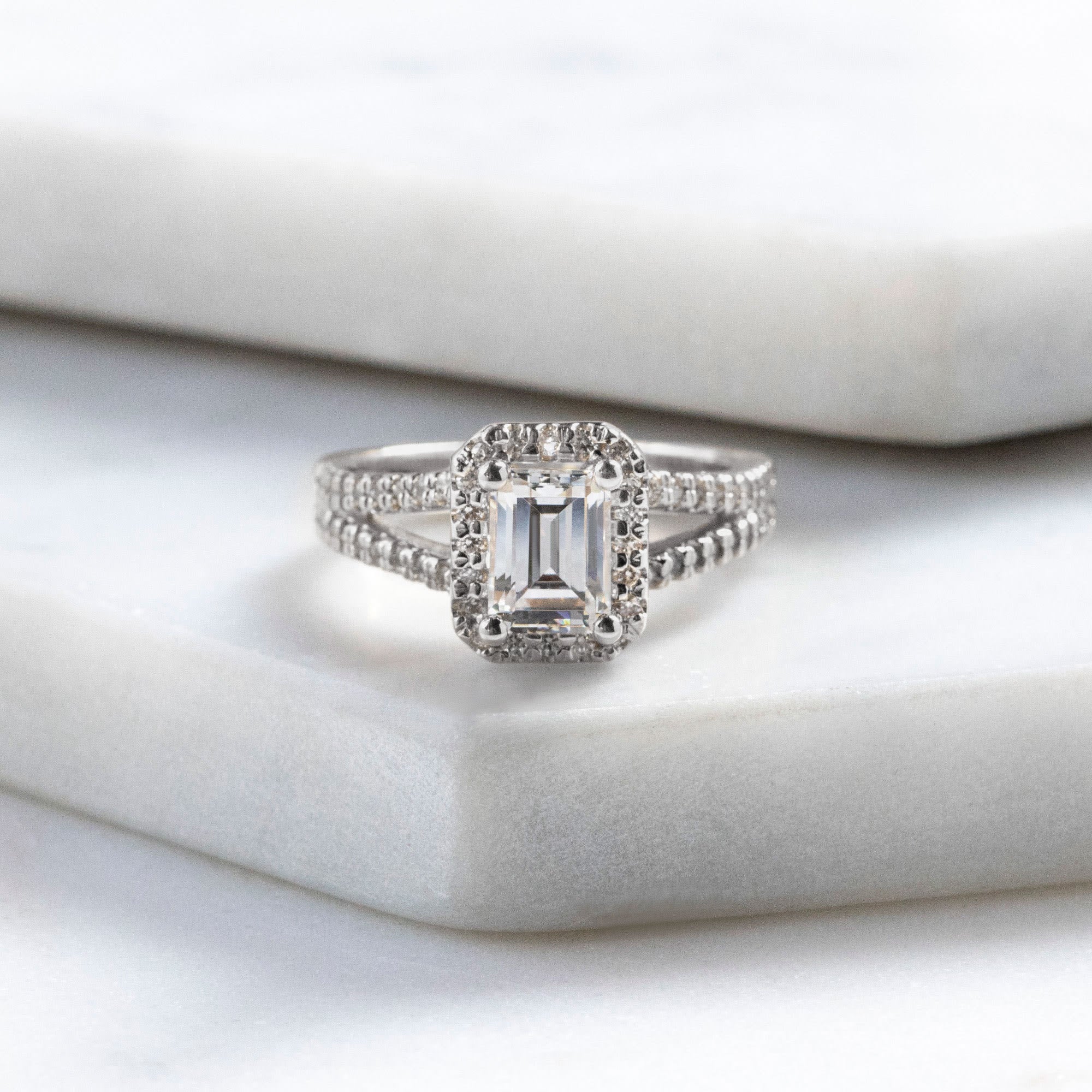 Emerald Cut Split Shank Halo Moissanite Engagement Ring