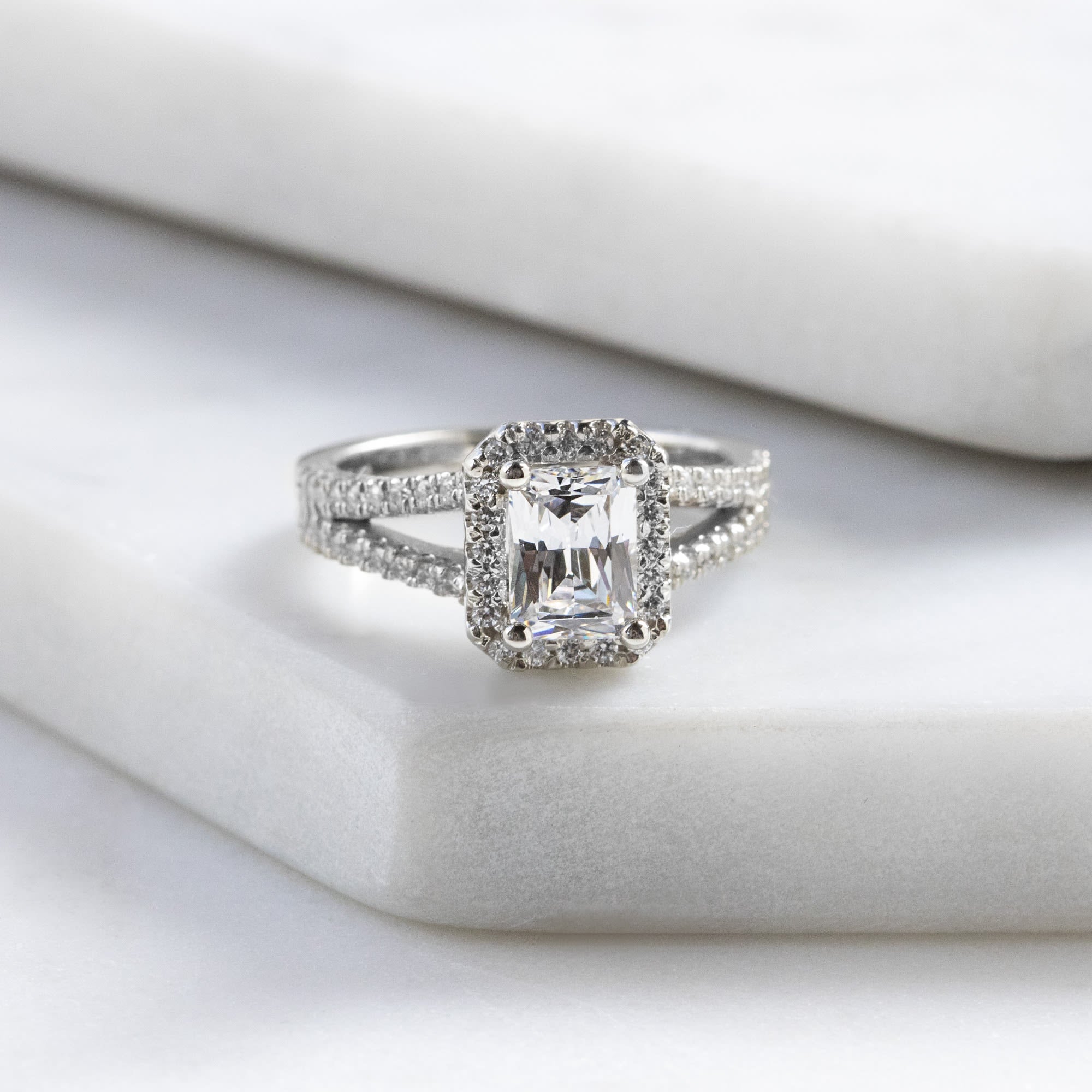 Radiant Cut Split Halo Moissanite Engagement Ring