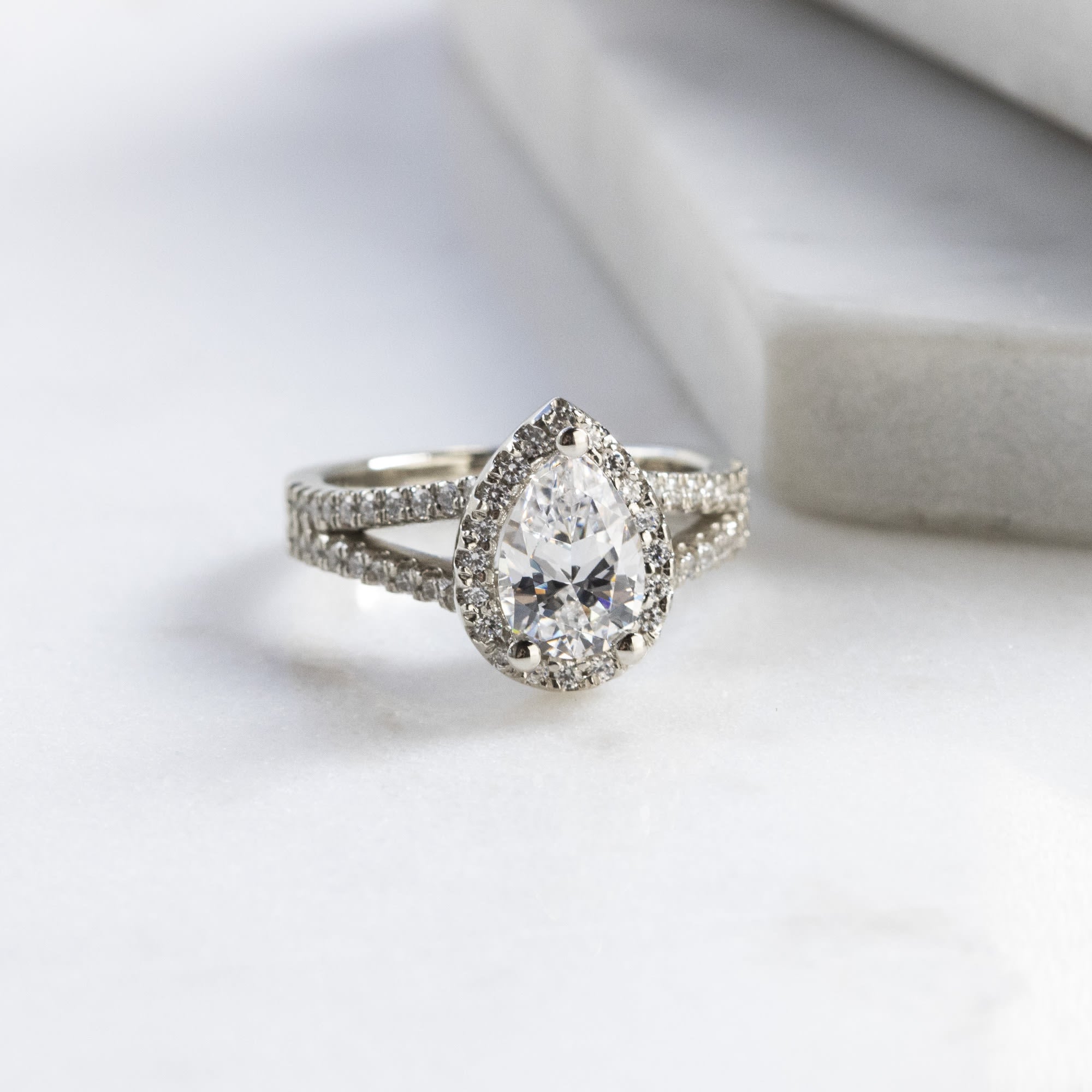 Split Shank Pear Cut Halo Moissanite Engagement Ring