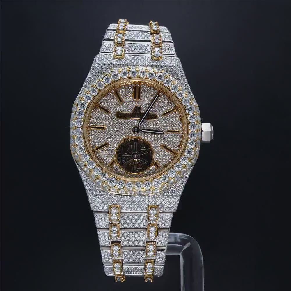 Custom Made Yellow Plated Fancy Round Dial Watch Iced Out Moissanite Diamond Wrist Watch