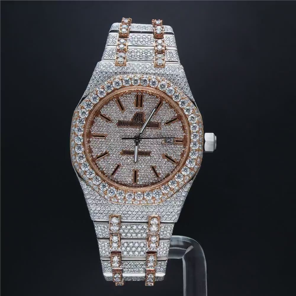 Customized Iced Out Fancy Rose Plated Round Dial Men's Watch Moissanite Diamond Party Wear Watch