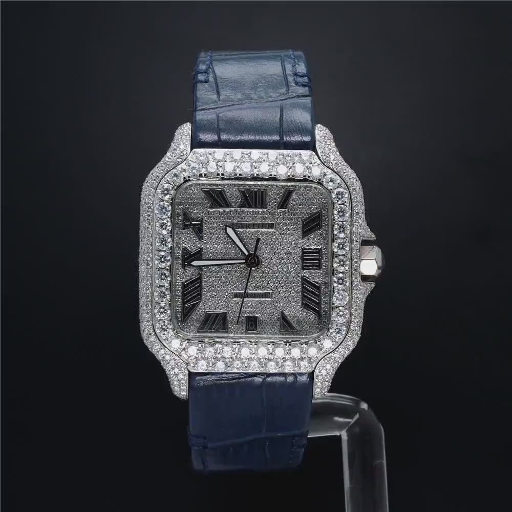 Custom Made Watch Blue Leather Band Fancy Square Dial Moissanite Diamond Cartier Watch