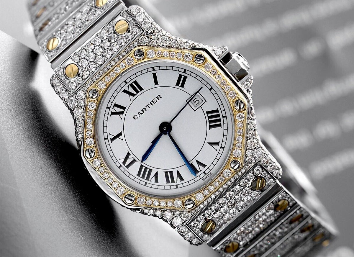 Dual Tone Iced Out Moissanite Diamond Cartier Men's Watch