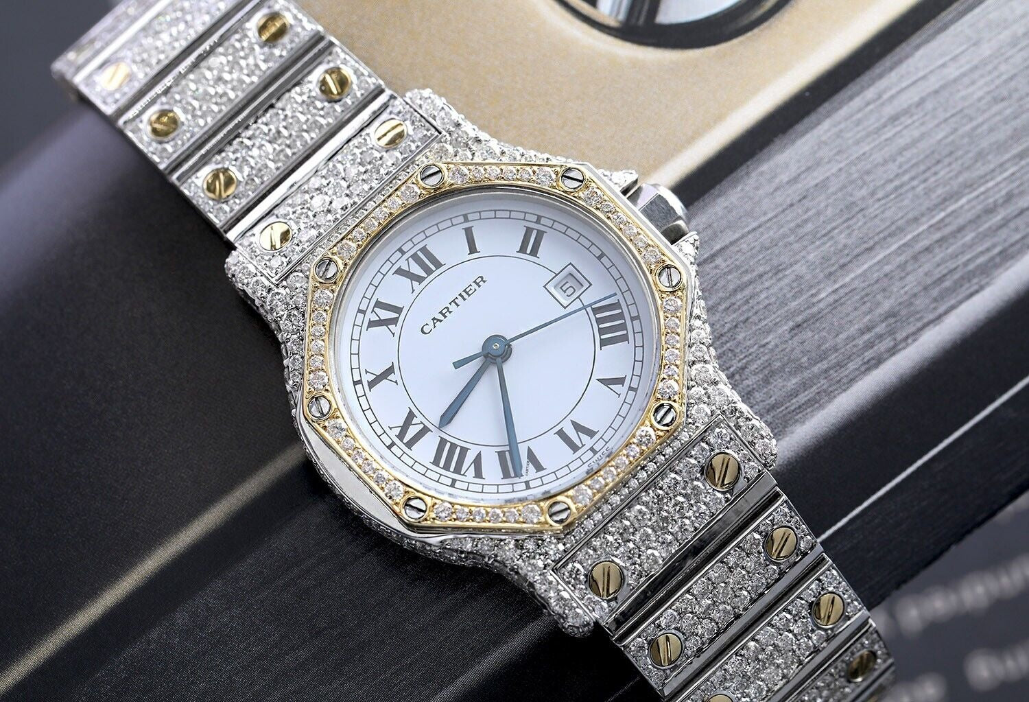 Dual Tone Iced Out Moissanite Diamond Cartier Men's Watch