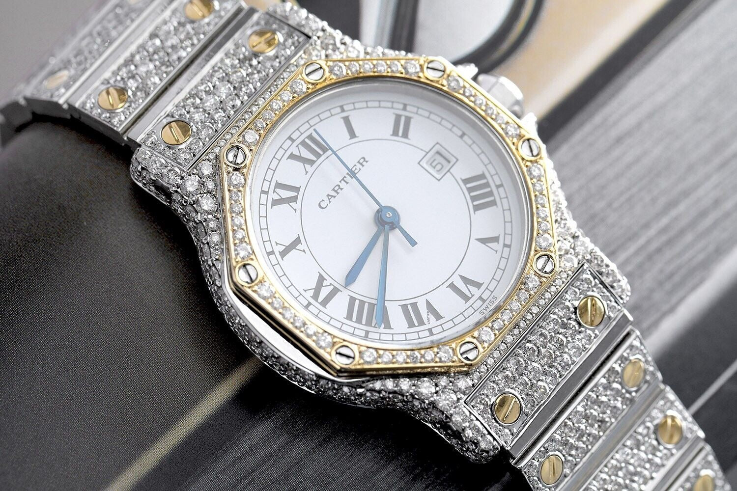 Dual Tone Iced Out Moissanite Diamond Cartier Men's Watch