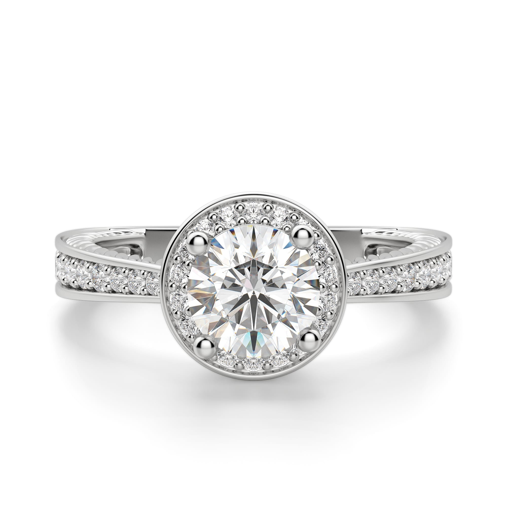 Moissanite Round Cut Hidden Accent Stone Halo Ring