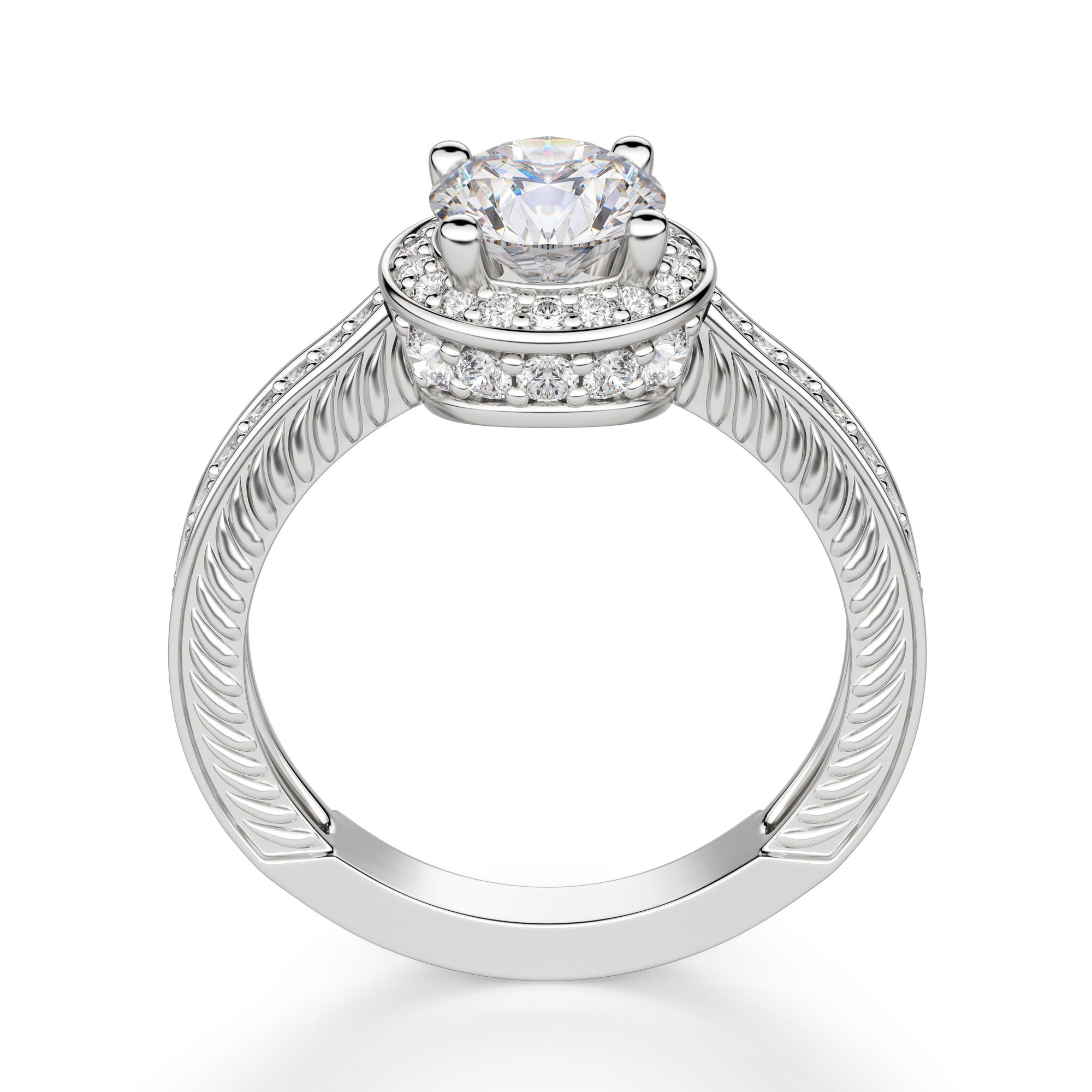 Moissanite Round Cut Hidden Accent Stone Halo Ring