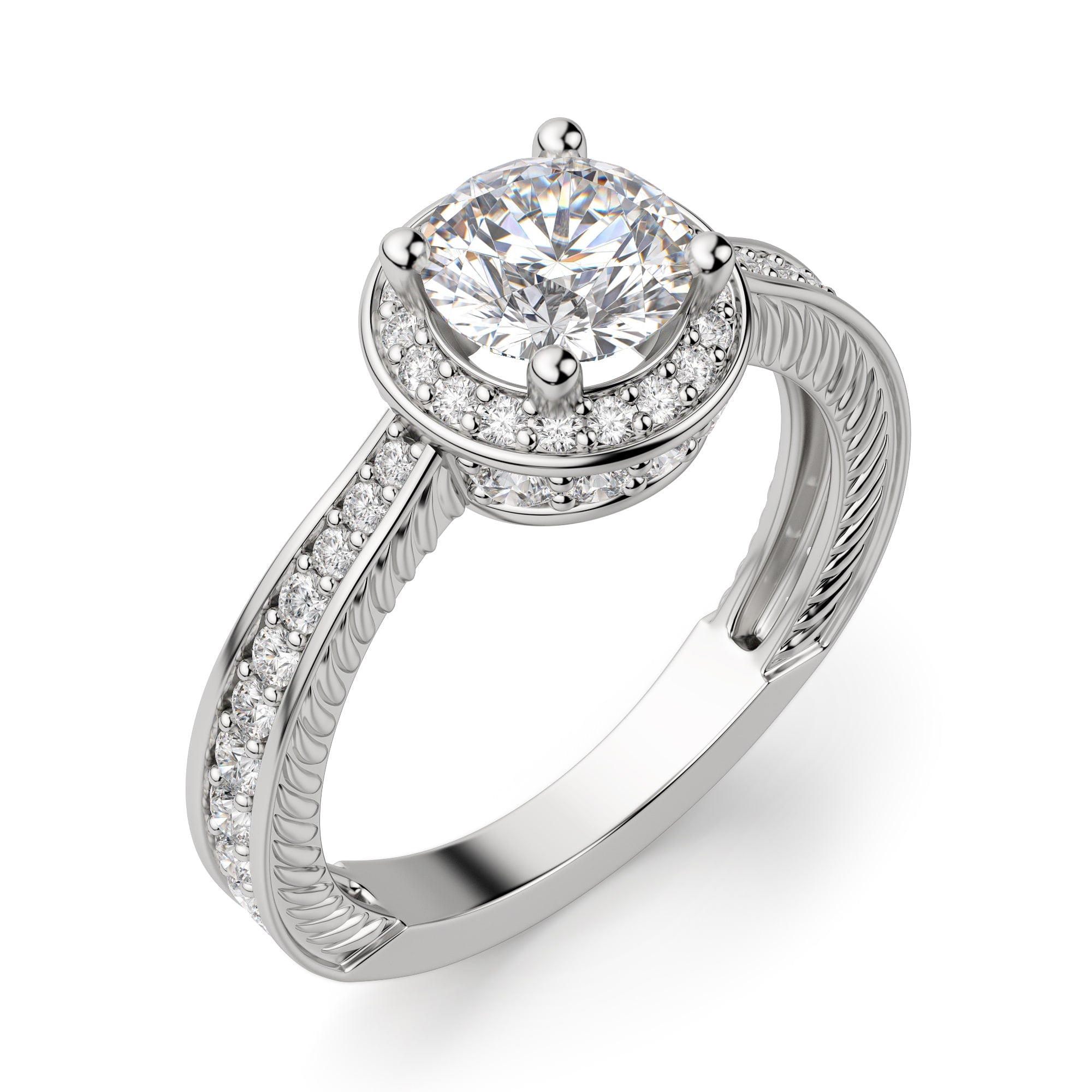 Moissanite Round Cut Hidden Accent Stone Halo Ring