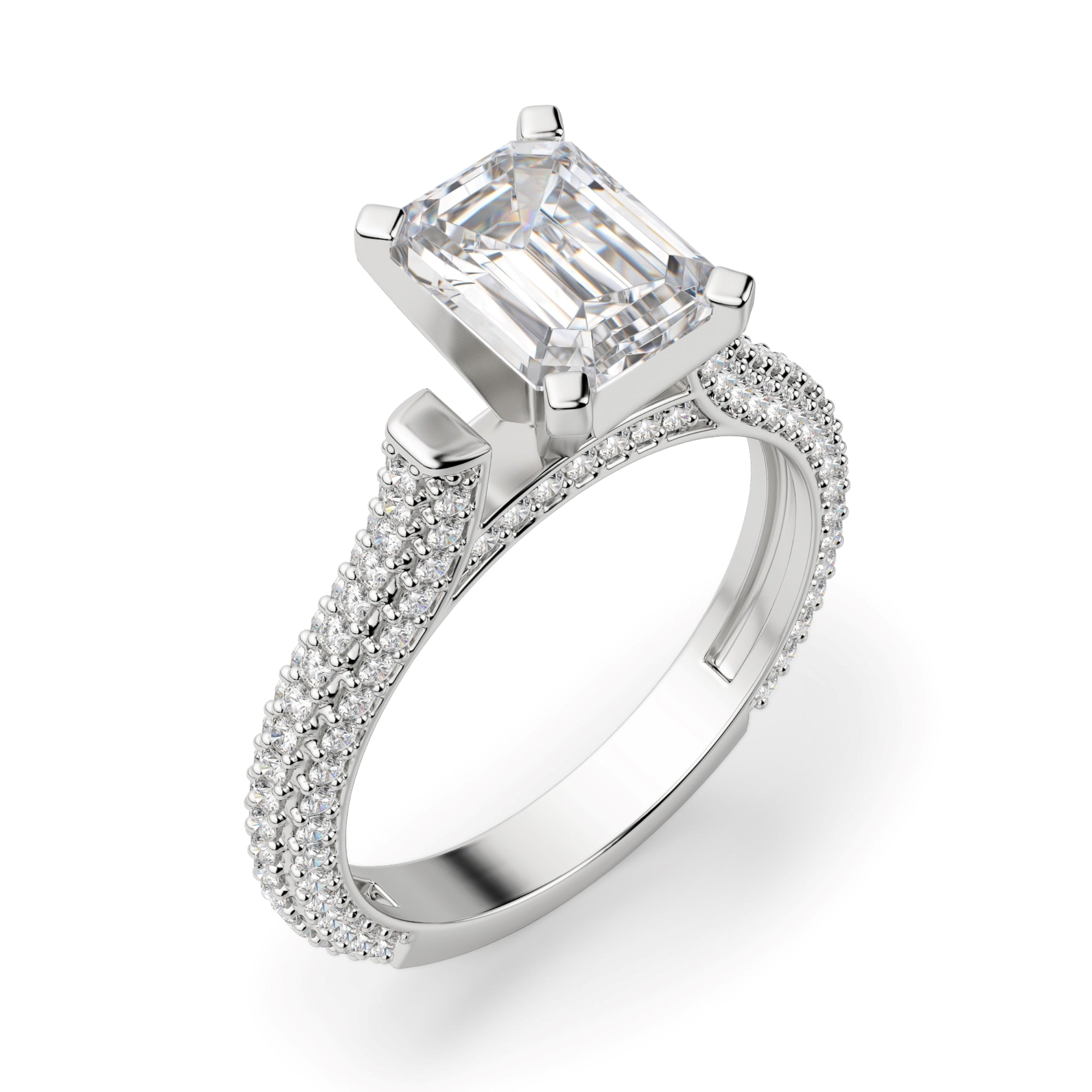 Emerald Cut Micro Pave Set Moissanite Engagement Ring