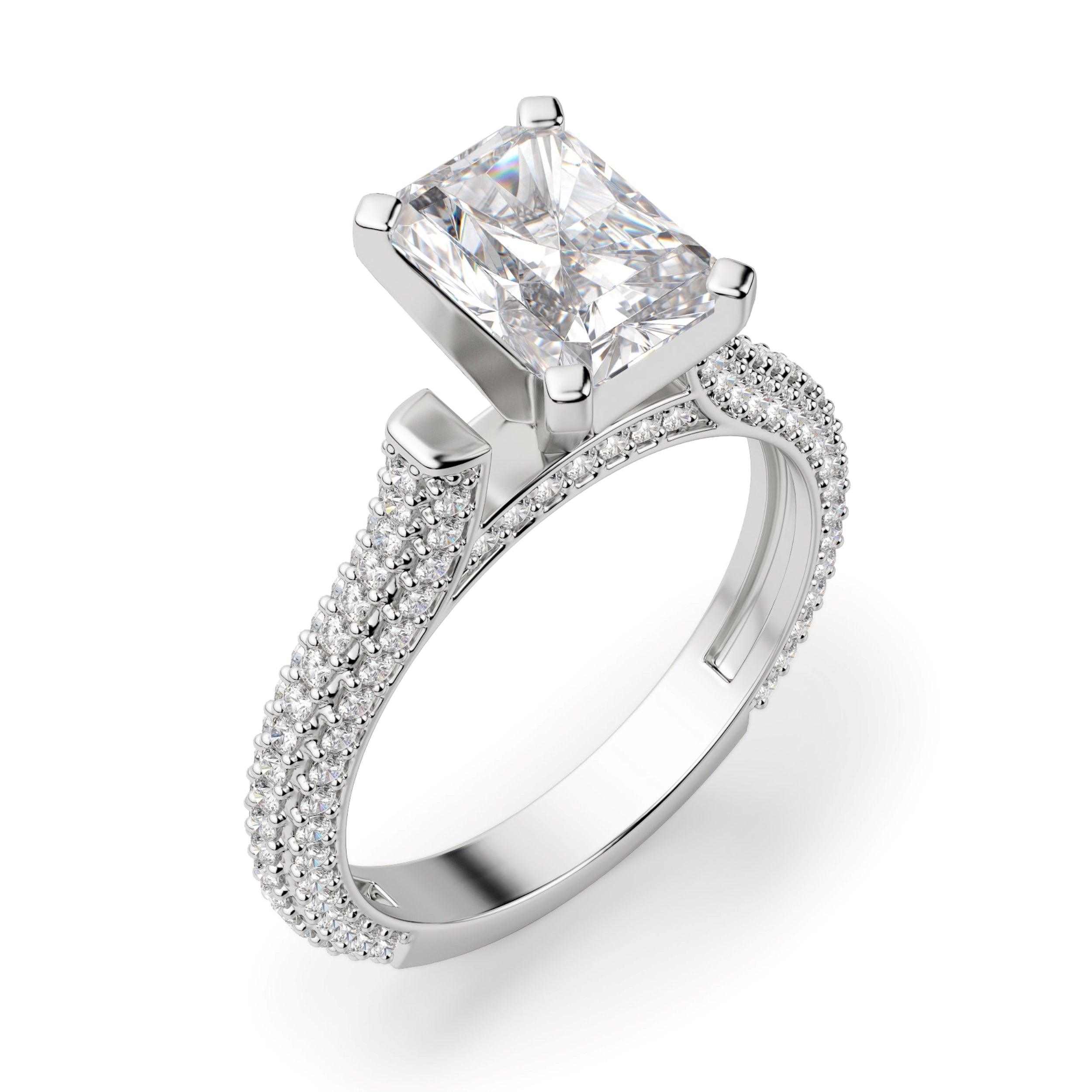 Micro Pave Set Radiant Cut Moissanite Engagement Ring