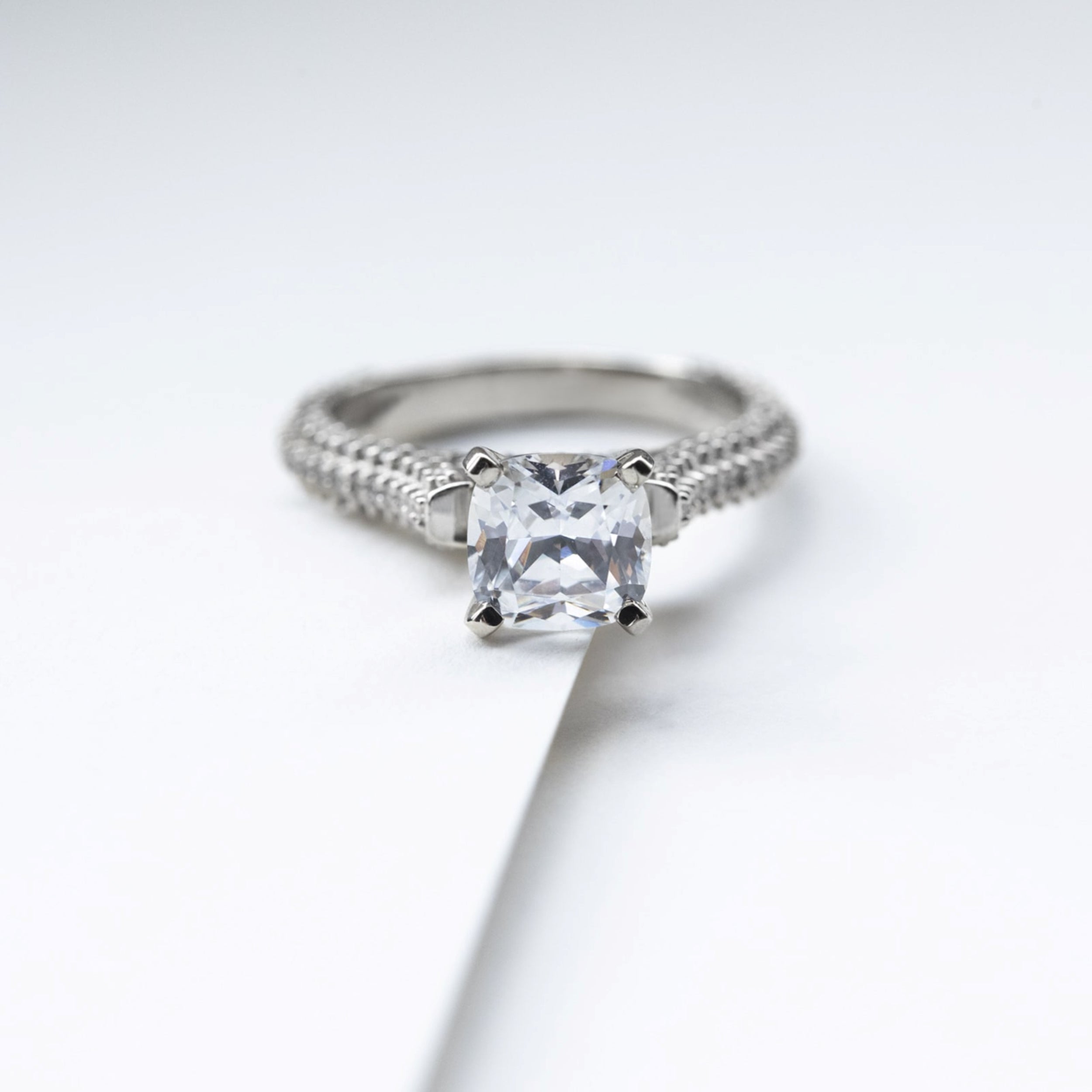 Moissanite Cushion Cut Micro Pave Set Engagement Ring