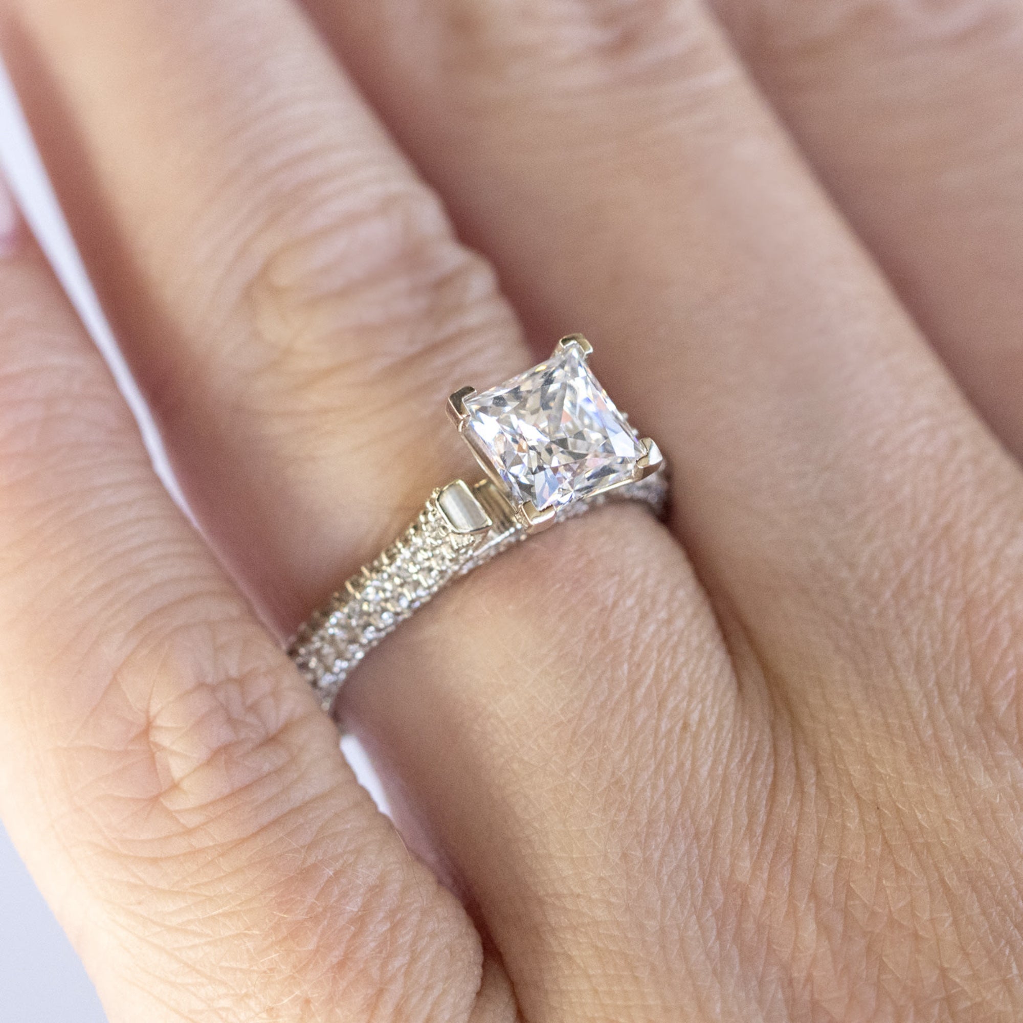 Moissanite Princess Cut Micro Pave Set Engagement Ring