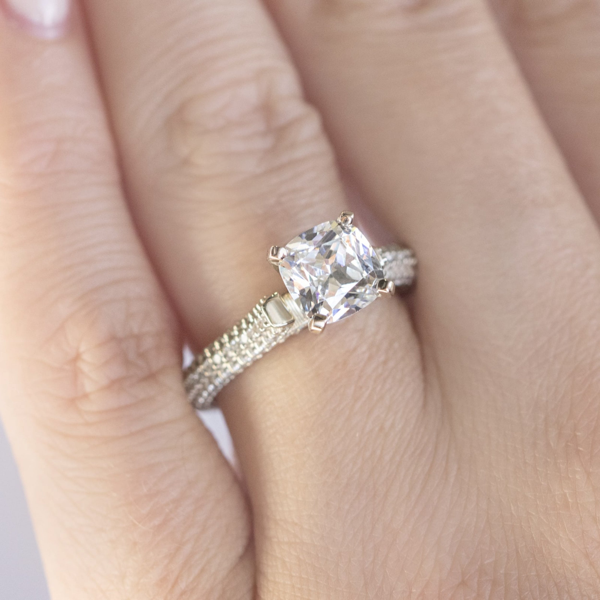 Moissanite Cushion Cut Micro Pave Set Engagement Ring