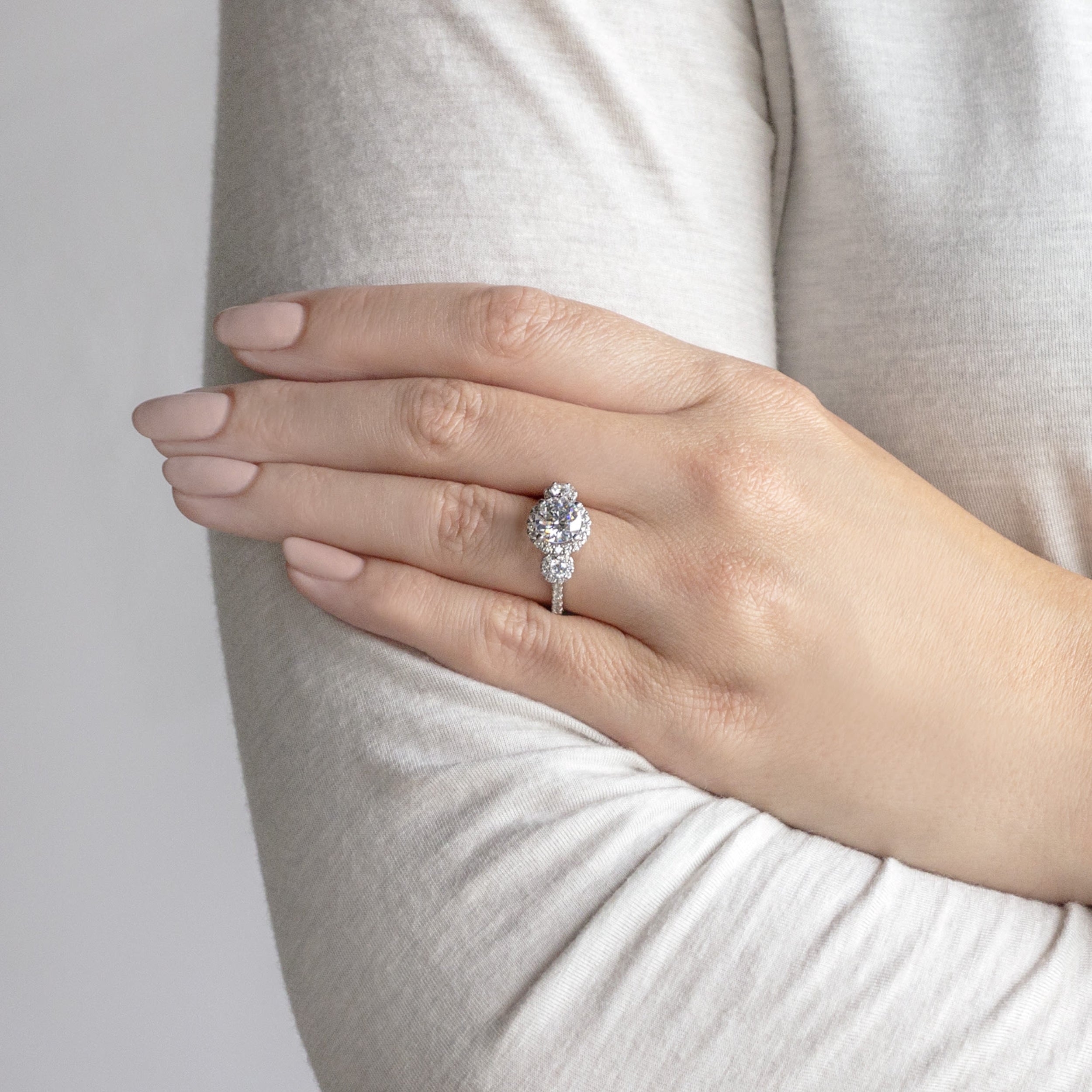 Brilliant Round Cut Three Stone Halo Engagement Ring