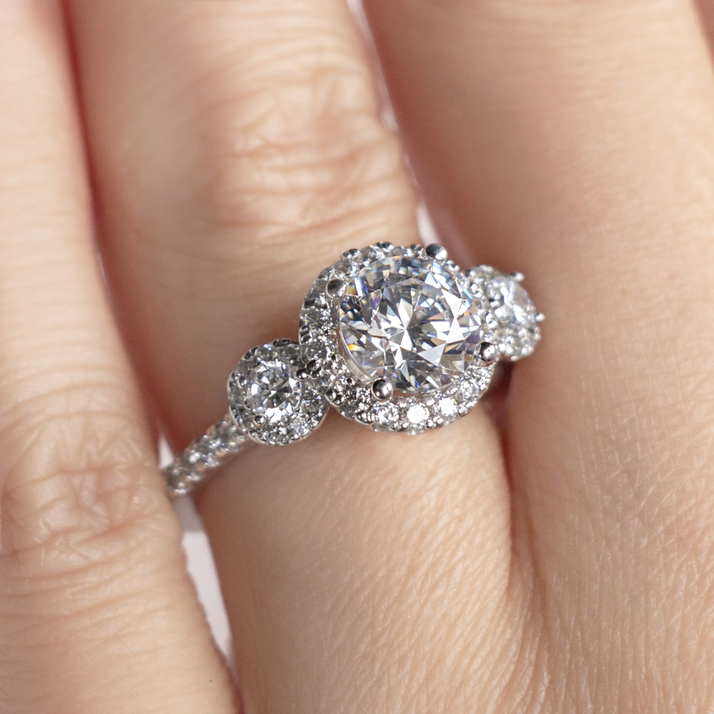 Brilliant Round Cut Three Stone Halo Engagement Ring