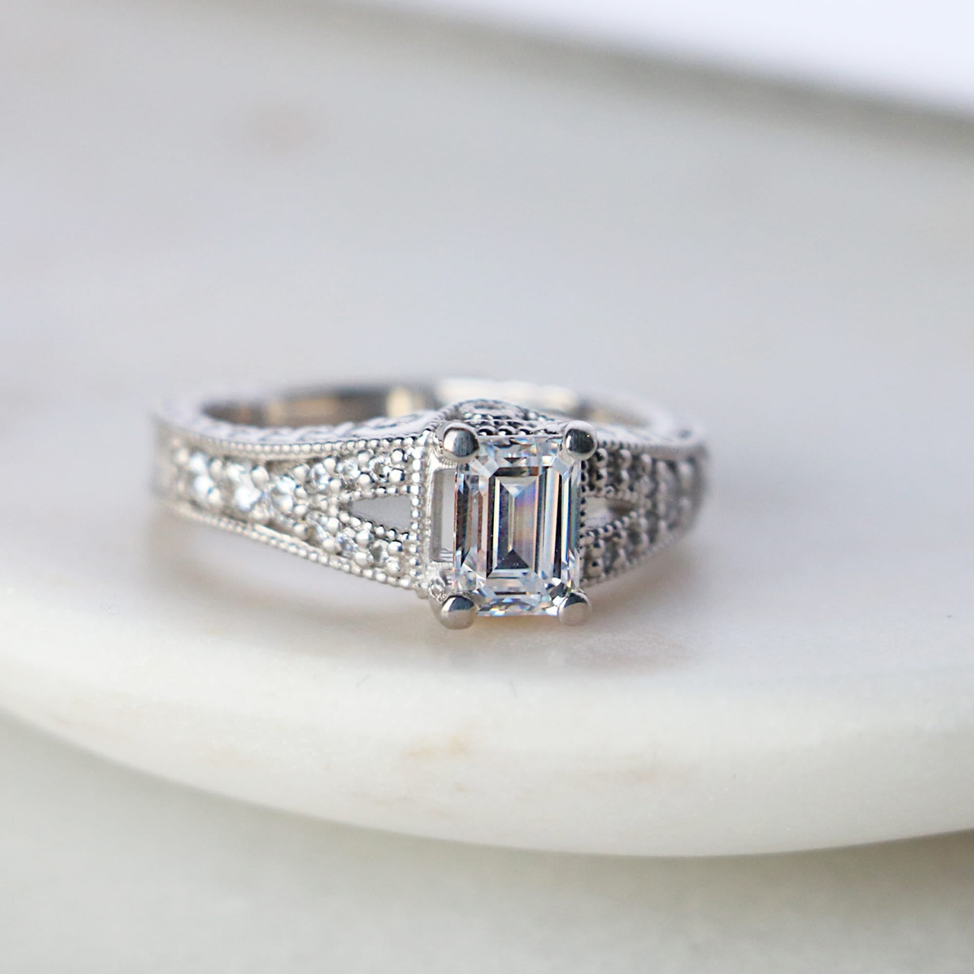 Split Shank Emerald Cut Vintage Engagement Ring