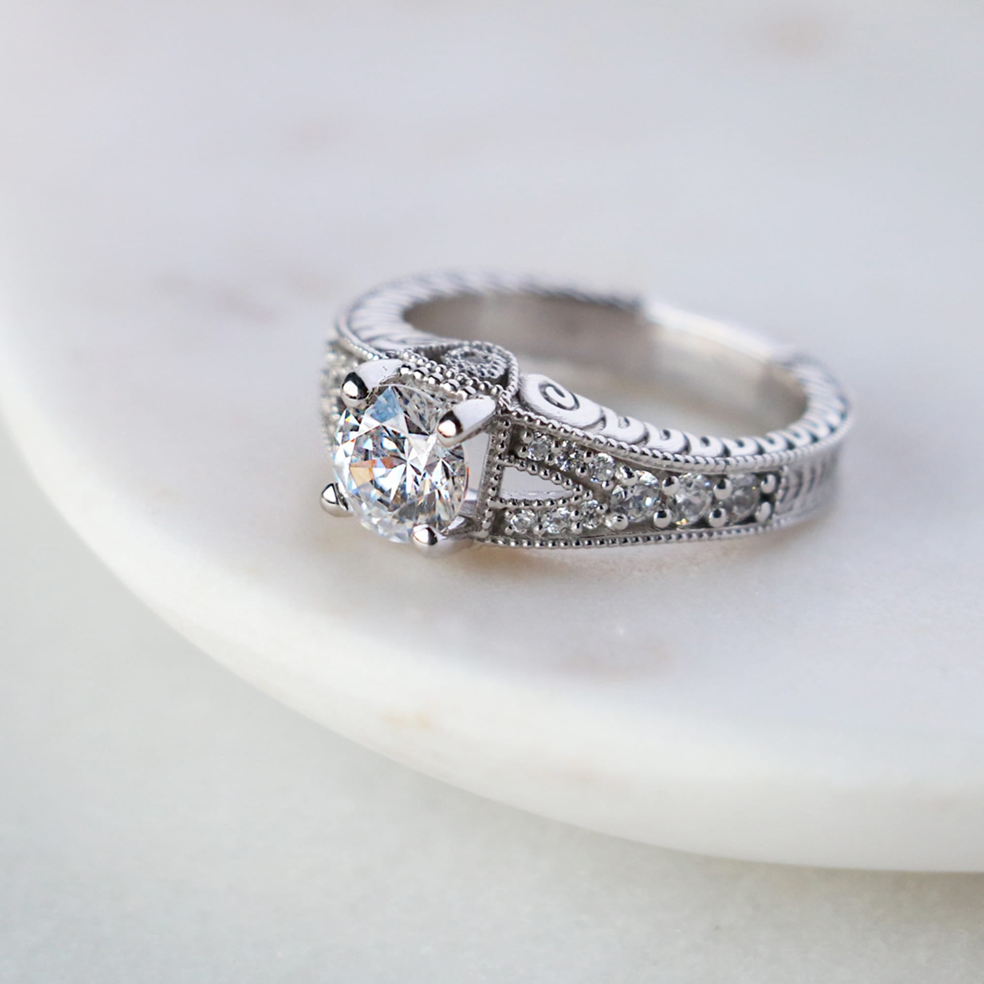 Round Cut Split Shank Vintage Moissanite Ring