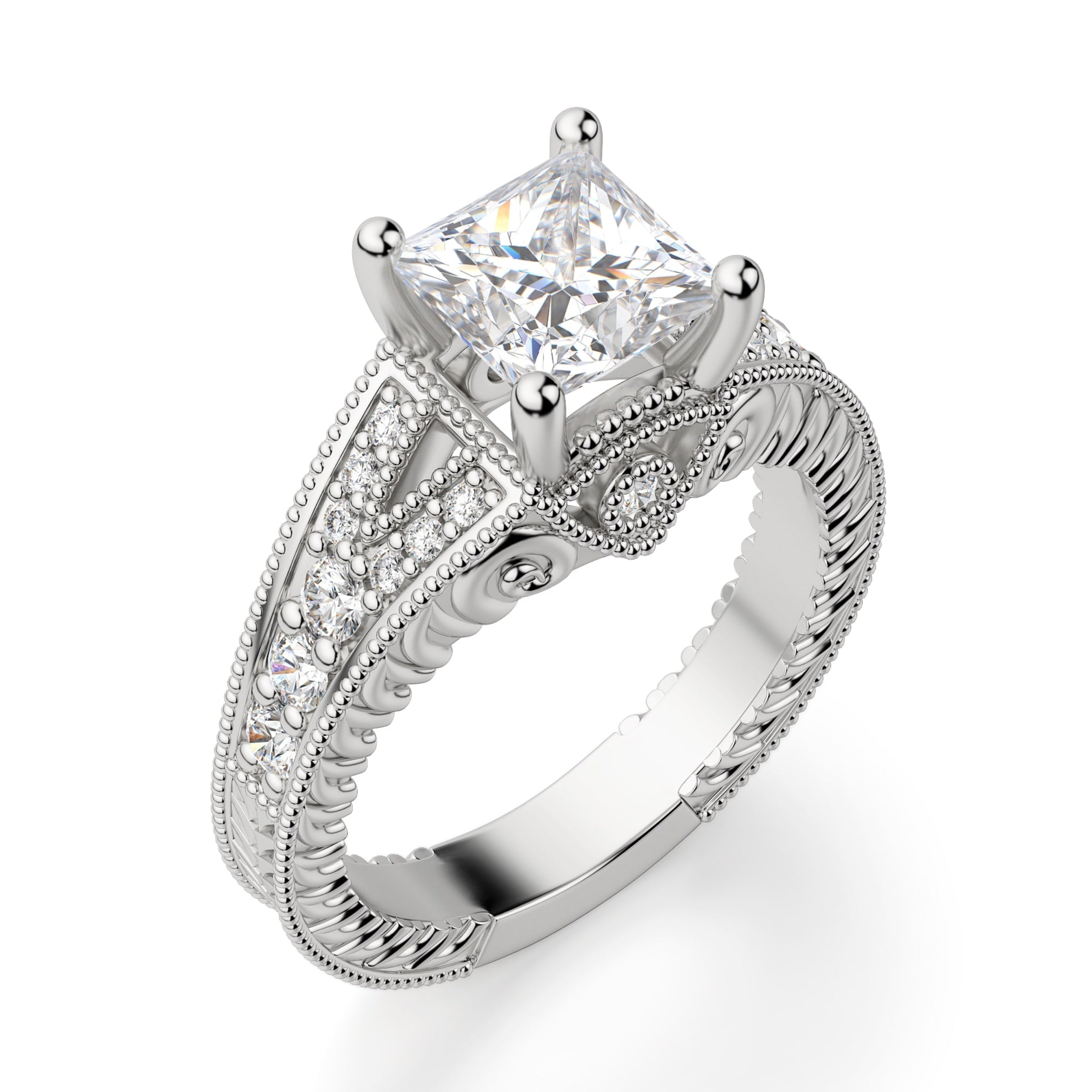 Moissanite Princess Cut Hidden Accent Stone Engagement Ring