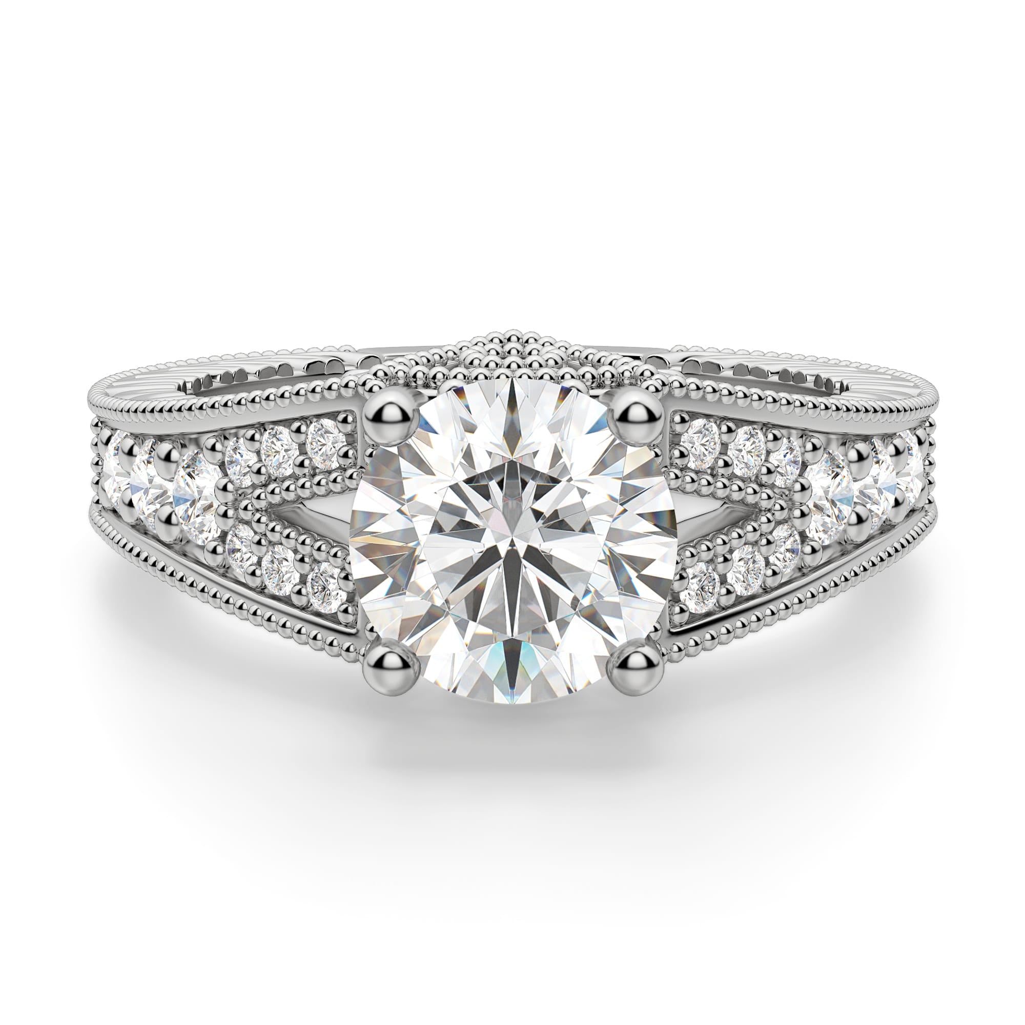 Round Cut Split Shank Vintage Moissanite Ring